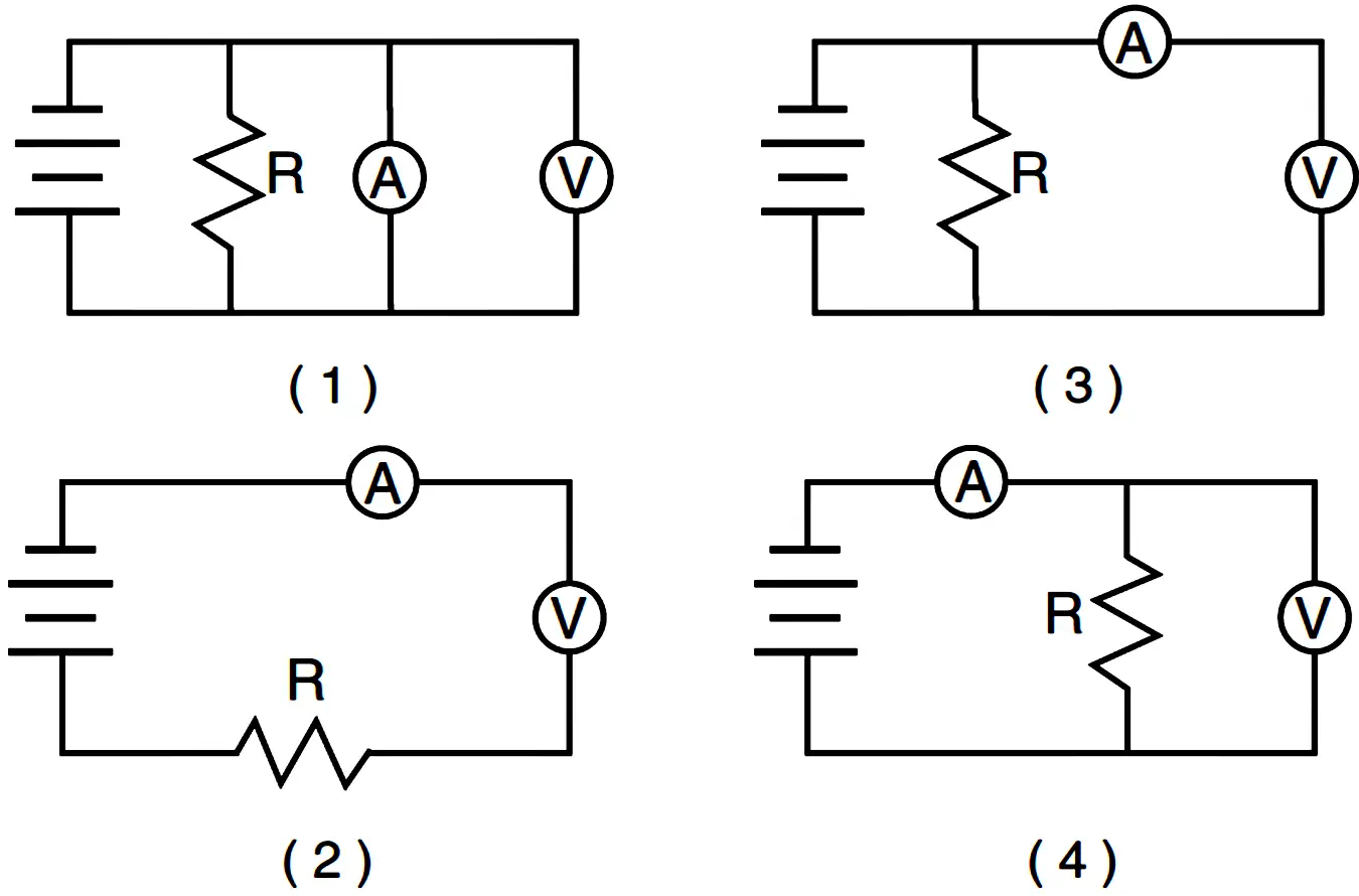 Quatre sch&eacute;mas &eacute;lectriques montrant des circuits avec batterie, r&eacute;sistance (R), amp&egrave;rem&egrave;tre (A) et voltm&egrave;tre (V) pour le calcul tension.