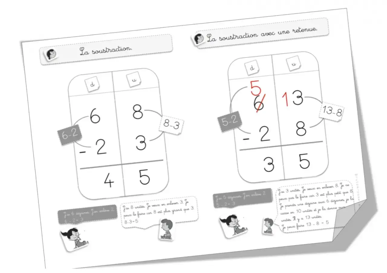 Exemples pour apprendre comment faire une soustraction, avec et sans retenue. Les calculs sont illustr&eacute;s par des sch&eacute;mas et des explications.
