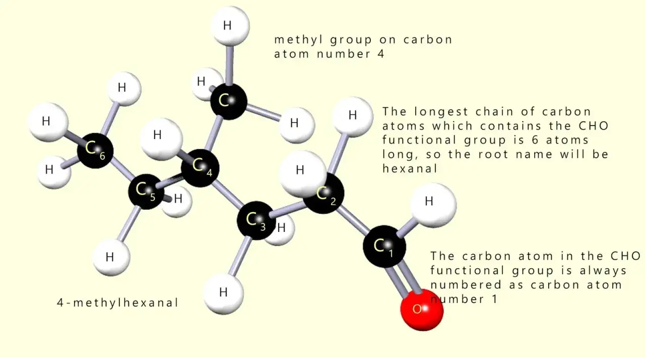 Structure moléculaire du 4-méthylhexanal, un exemple de chimie organique. La chaîne principale de 6 carbones et le groupe méthyle sont visibles.