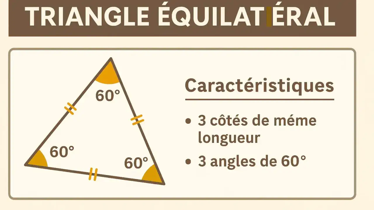 Un triangle équilatéral : qu'est-ce qu'un triangle avec 3 côtés égaux et 3 angles de 60°.