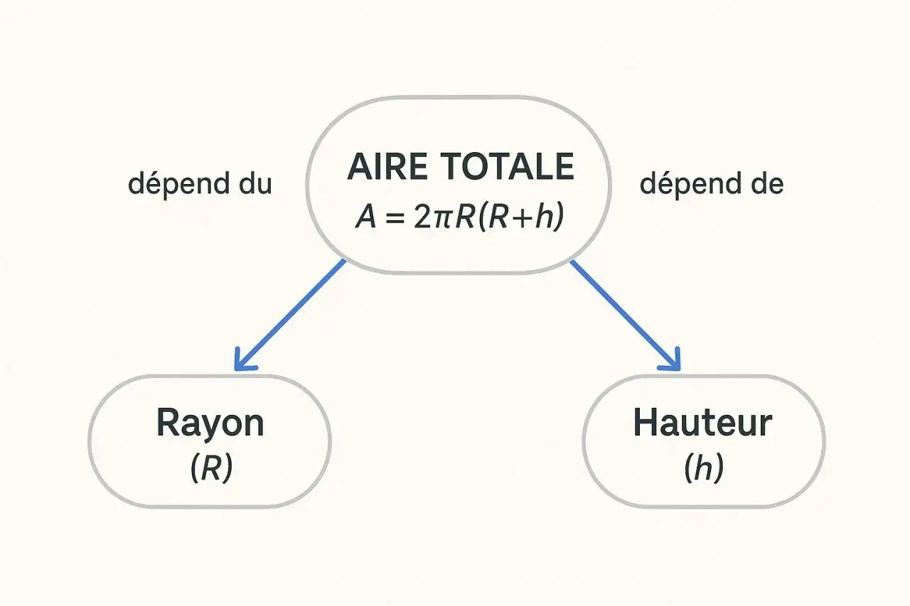 Sch&eacute;ma montrant que l'aire totale d'un surface cylindre d&eacute;pend du rayon (R) et de la hauteur (h).