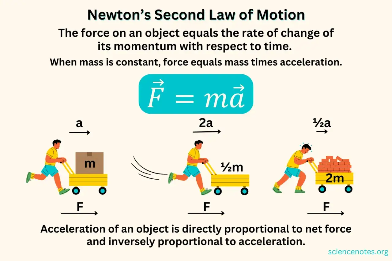 Illustration de la deuxi&egrave;me loi de Newton : F=ma. Un homme pousse un chariot avec une masse m, puis un chariot avec une masse 1/2m, puis un chariot avec une masse 2m.