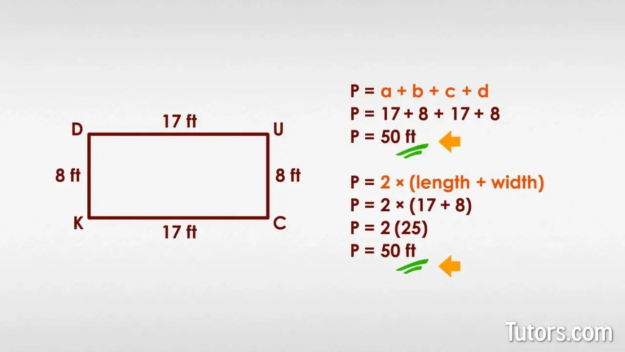 Un rectangle de 17 pieds par 8 pieds. Le calcul du périmètre rectangle est montré, donnant 50 pieds.