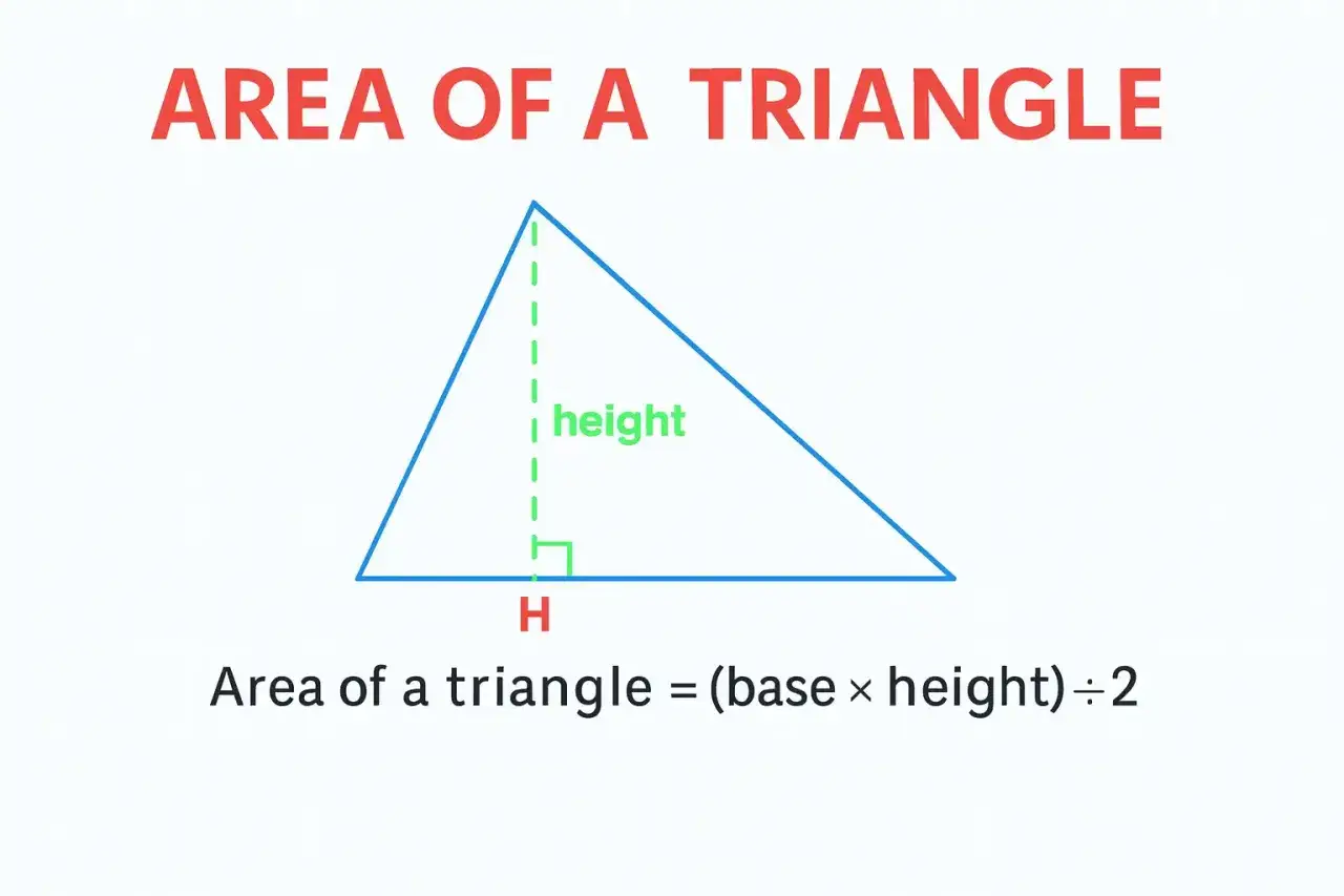 Illustration montrant la surface d'un triangle avec sa hauteur et la formule : (base × hauteur) ÷ 2.