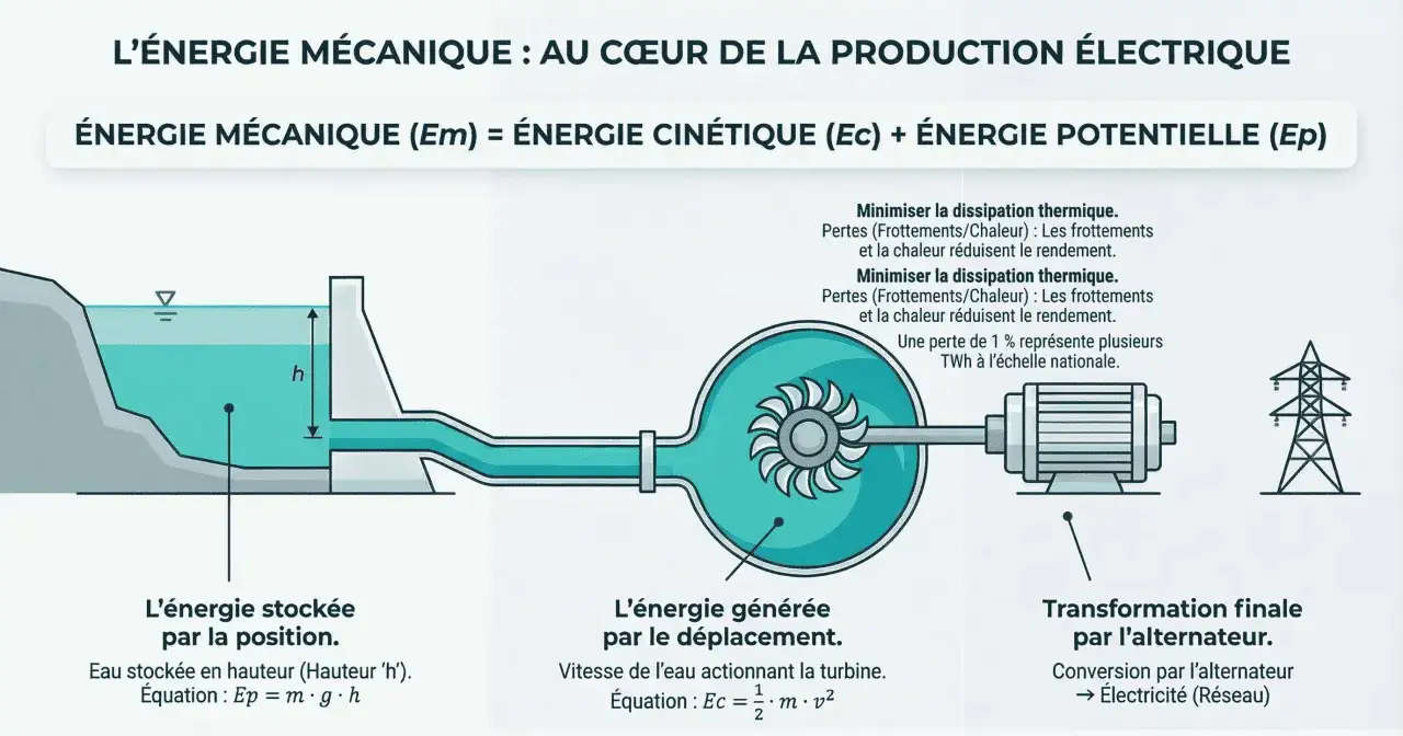 Schéma d'une centrale hydroélectrique montrant la conversion de l'énergie potentielle de l'eau en électricité, avec un rendement conservateur.