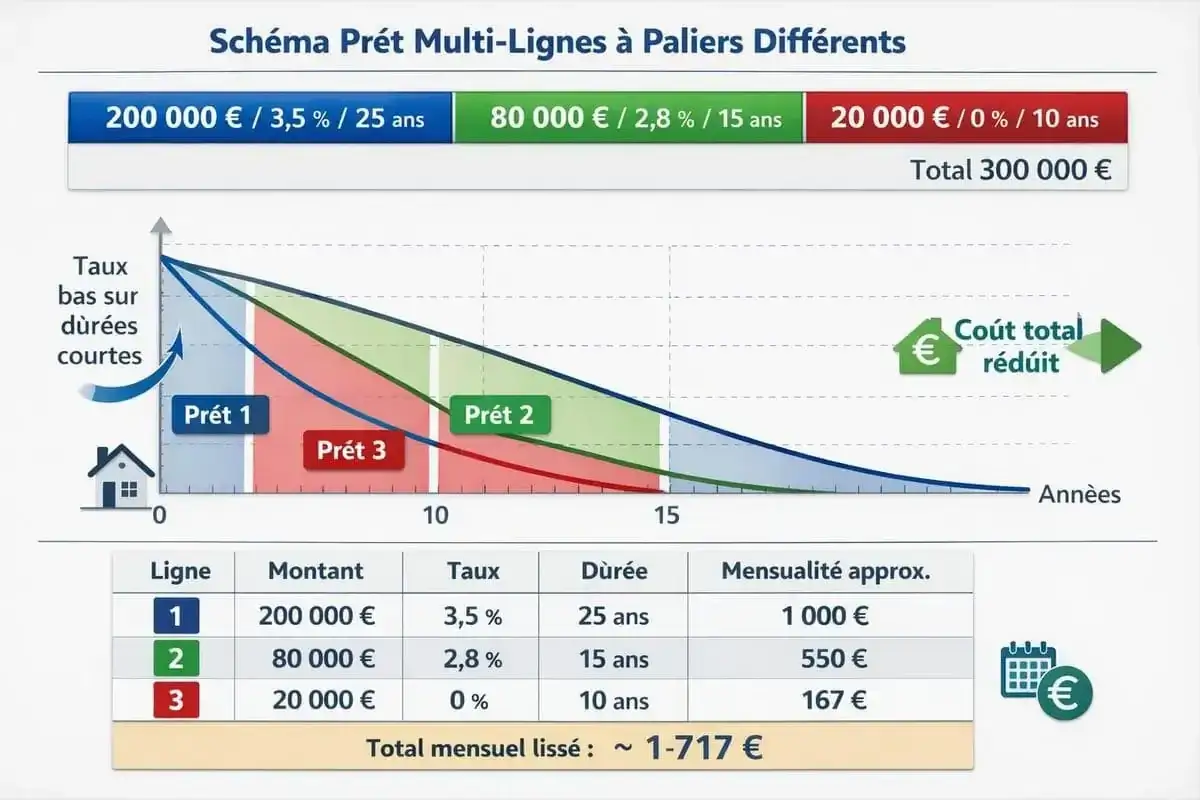 Sch&eacute;ma de pr&ecirc;t multi-lignes illustrant les math&eacute;matiques financi&egrave;res avec des taux d&eacute;gressifs et un co&ucirc;t total r&eacute;duit.