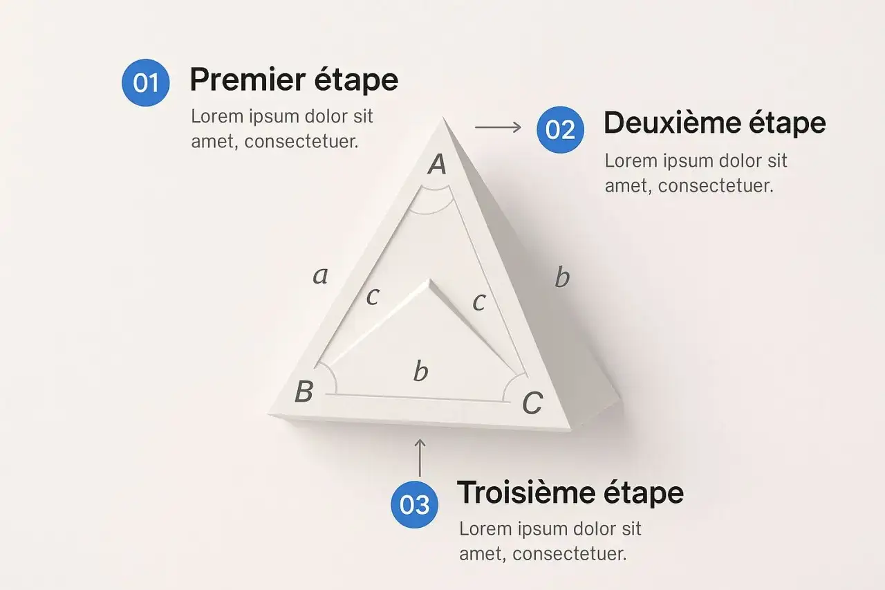 Illustration d'un triangle avec des angles et des c&ocirc;t&eacute;s &eacute;tiquet&eacute;s, expliquant la formule sinus en trois &eacute;tapes.