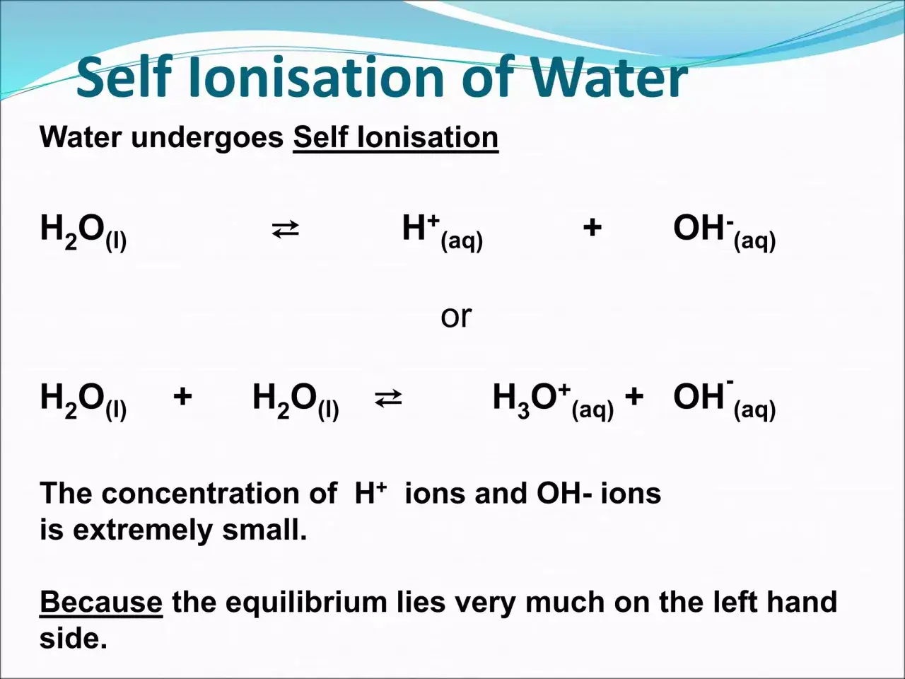 Schéma illustrant l'ionisation de l'eau, montrant H₂O se dissociant en H⁺ et OH⁻, ou deux H₂O formant H₃O⁺ et OH⁻.