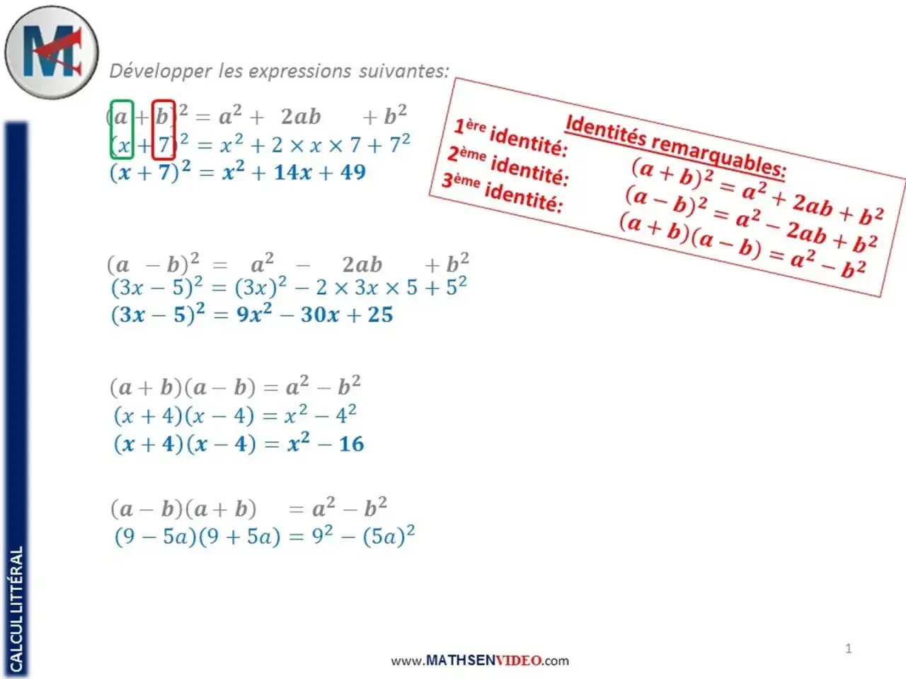 Exemples de factorisation seconde utilisant les identités remarquables pour développer des expressions algébriques.