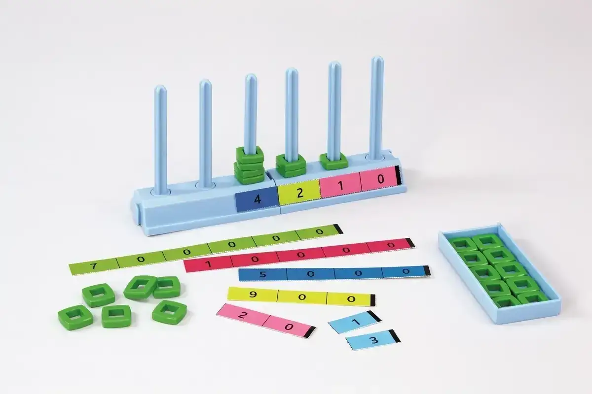 Mat&eacute;riel ludique pour les maths CE1 : un boulier bleu avec des jetons verts et des bandes num&eacute;riques color&eacute;es pour apprendre &agrave; compter.