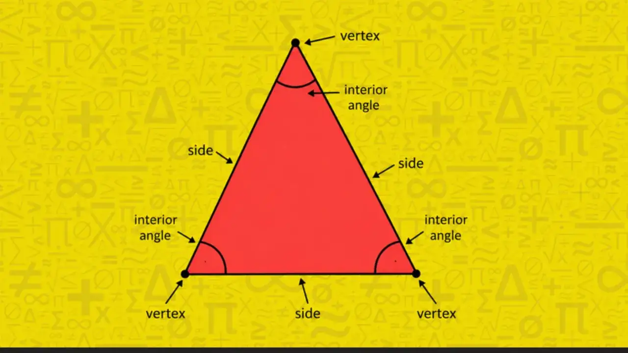 Un triangle rouge est étiqueté avec ses sommets, ses côtés et ses angles intérieurs sur un fond jaune rempli de symboles mathématiques.