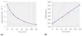 Graphique (a) montrant la diminution de la concentration de monomère au fil du temps, et graphique (b) montrant une relation linéaire pour la loi de vitesse d'ordre 1.