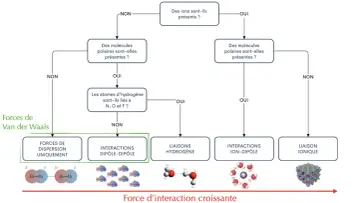 Diagramme de classification des forces intermoléculaires, incluant les interactions dipôle-dipôle pour une molécule polaire.