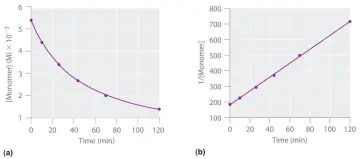 Graphique (a) montrant la diminution de la concentration de monomère au fil du temps, et graphique (b) montrant une relation linéaire pour la loi de vitesse d'ordre 1.