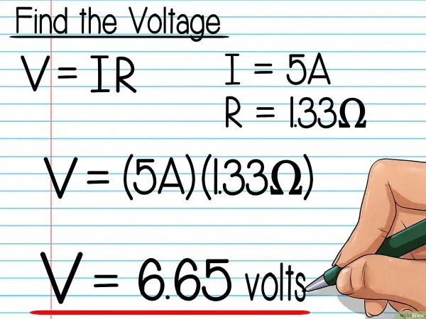 Calcul tension : V = IR, avec I=5A et R=1.33Ω. Le calcul donne V = 6.65 volts.